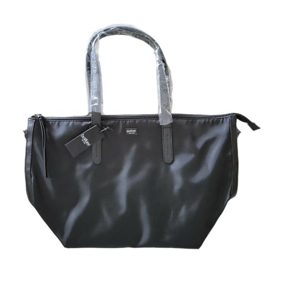 Tote Bag Black Leather Detail Side & Inside Zippers Nylon BOTKIER New York Bond - Picture 2 of 6